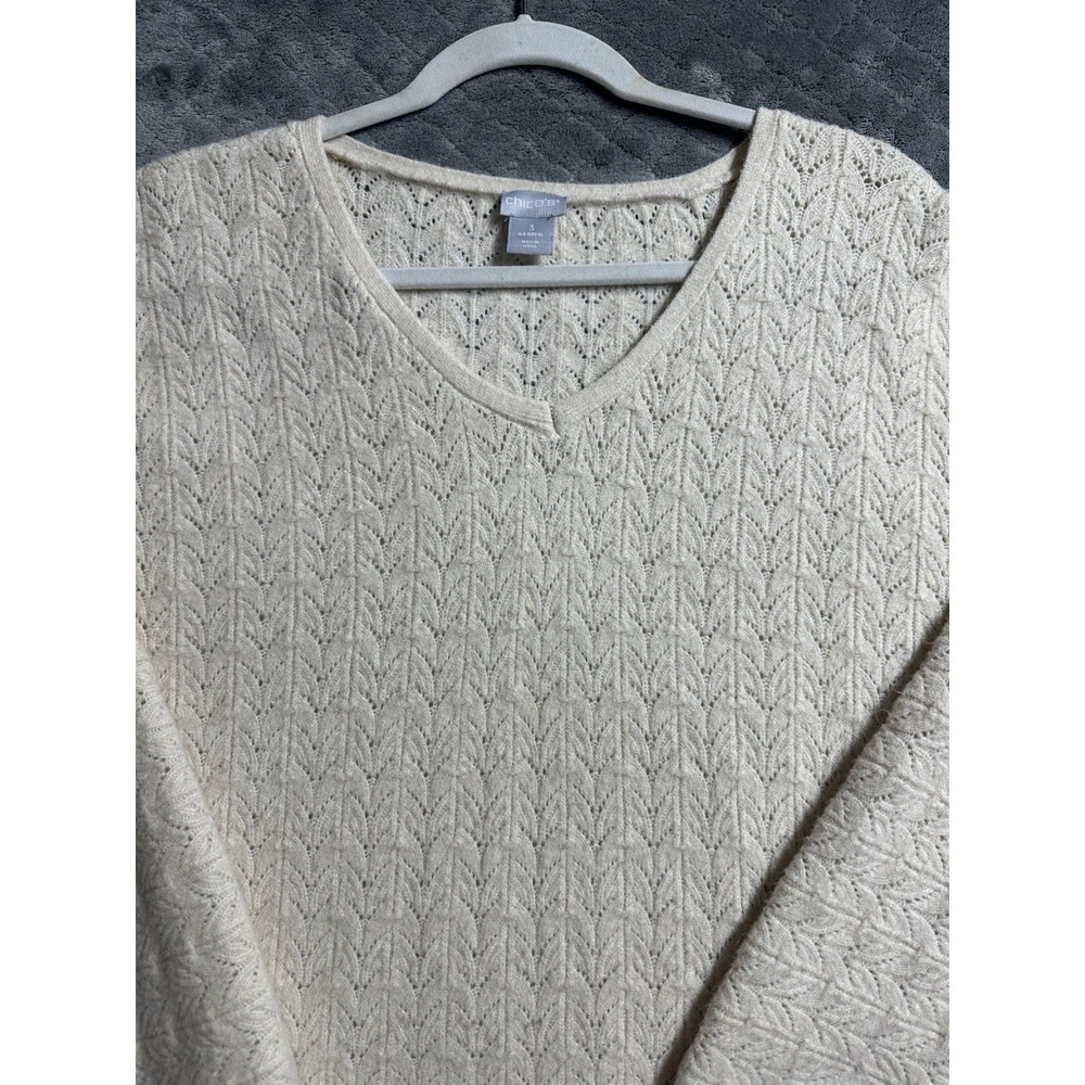 Chico's Oatmeal‎ Drama Cable Pullover V-neck Sweater Size 3 Womens XL Stretch